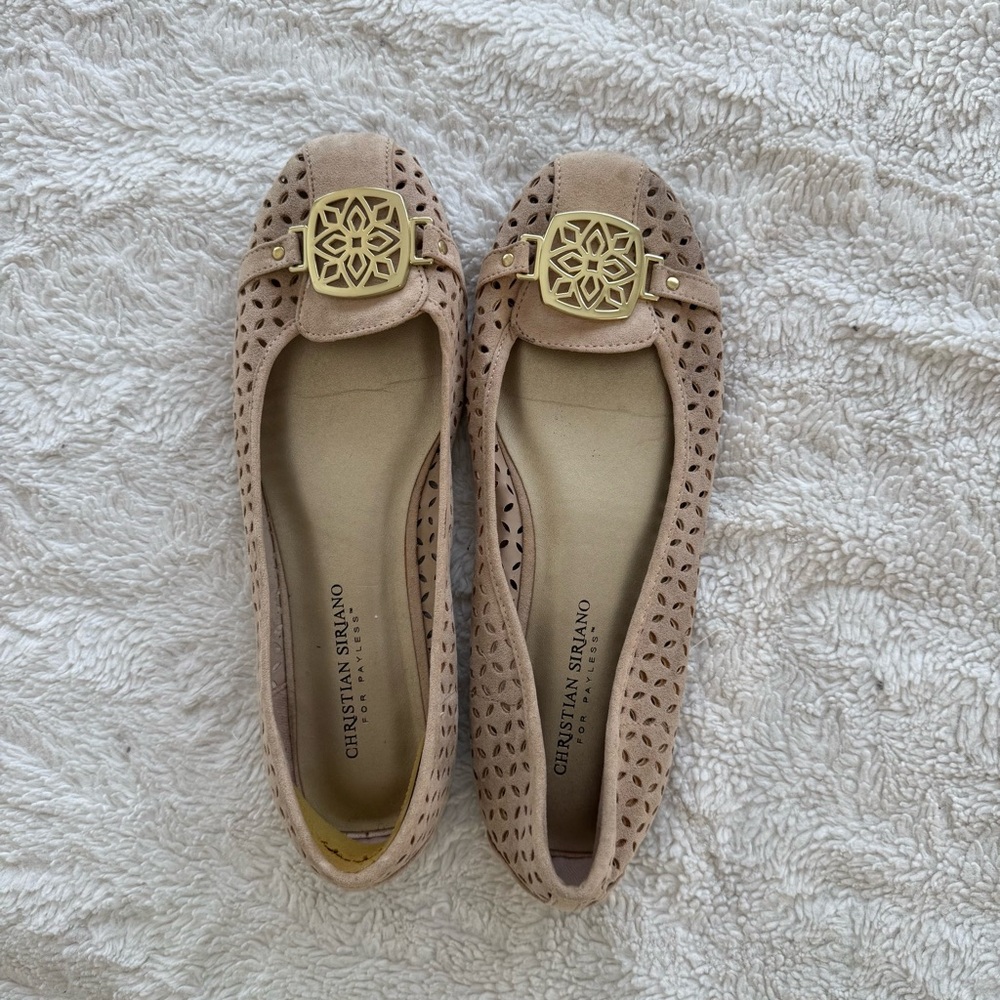 Christian Siriano Beige Perforated Flats with Gold Buckle